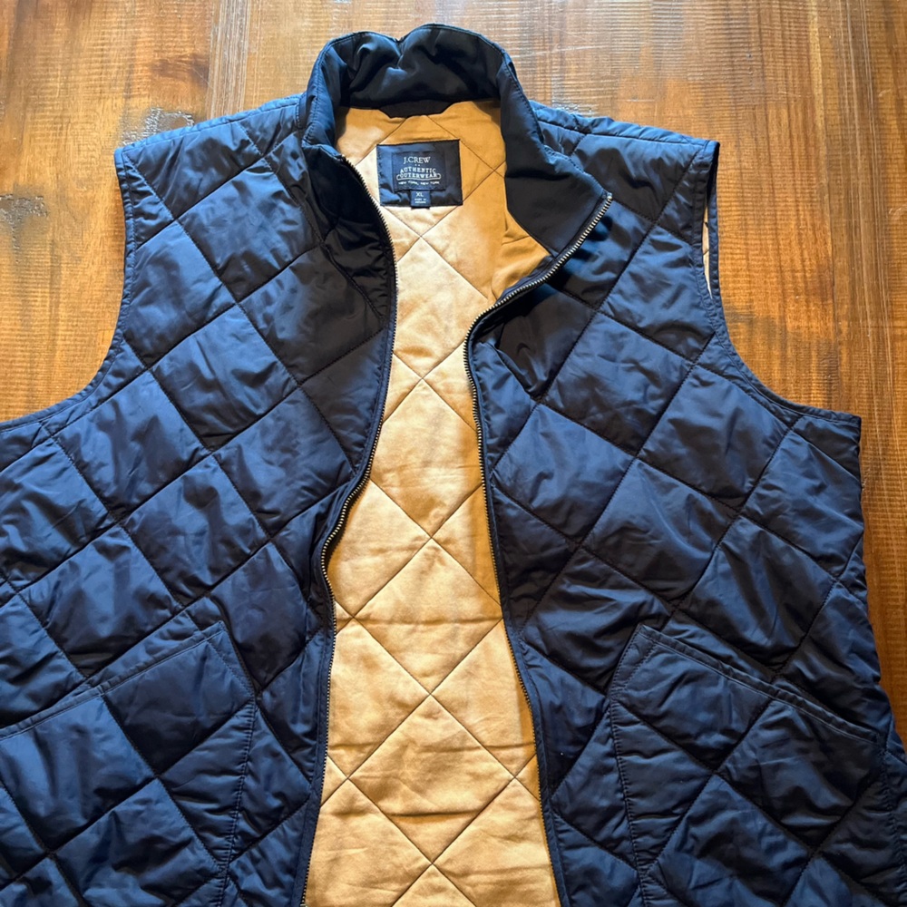 J. Crew Navy Quilted Vest with Camel Interior